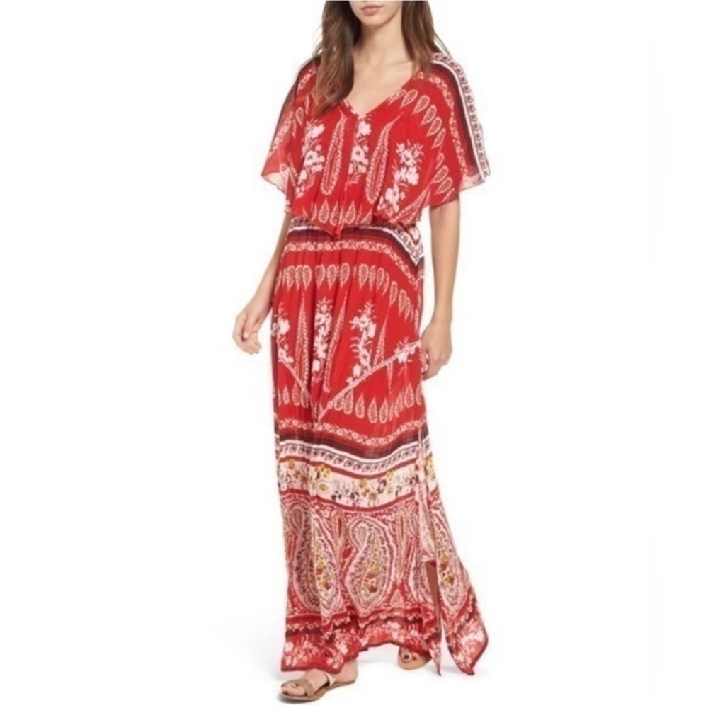 Anthropologie RAGA Size S Luisa Red Paisley Ruffle Boho Maxi Dress Side Slit